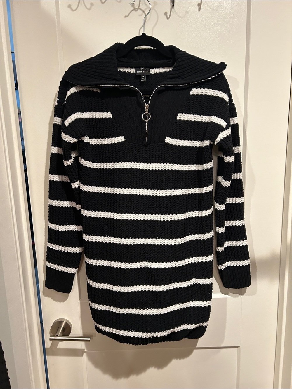 Derek Heart Black and White Striped Half-Zip Sweater Dress